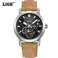 LIGE 2016 NEW Men s Skeleton Wrist Watch 3D Face Genuine Leather Casual Sport Automatic Skeleton