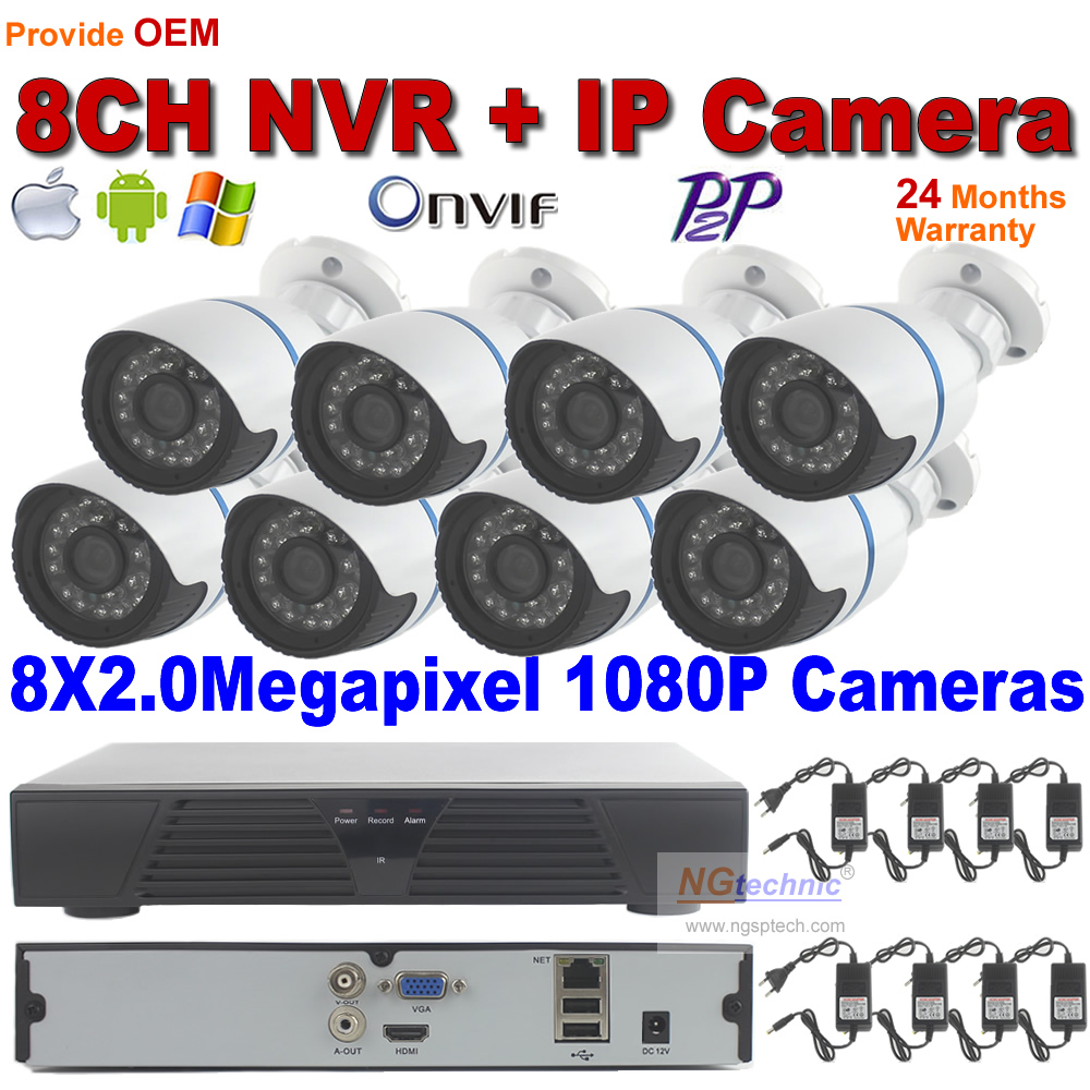 High Resolution 8ch NVR Kit 8Pcs 1080P 2.0mp Outdoor Bullet IP Camera CCTV Security system support Onvif+Free shipping