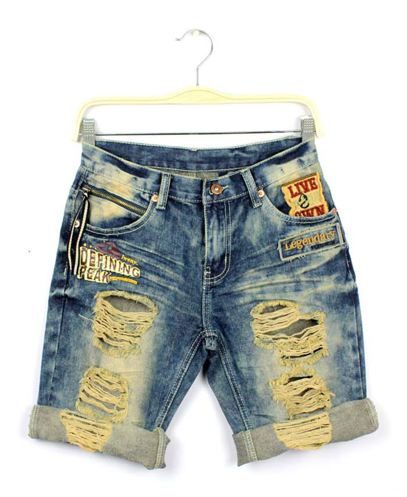 Men women lover loose cuffed ripped hole jeans shorts 2016 summer new design boyfriend knee length