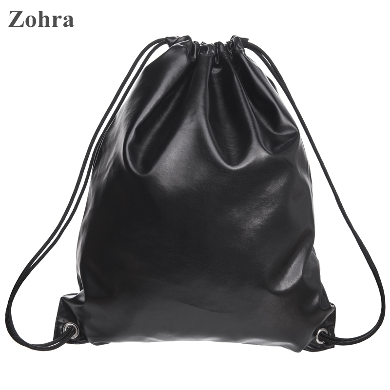 Image of Black leather Women Travel drawstring bag bolsos mujer mochila Shoulder man Gym bags party backpack Classic forever Zohra brand