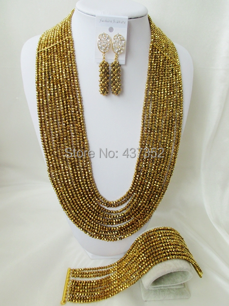 Amazing 26'' Long 12layers Gold Plated Coffee Copper Crystal Nigerian African Wedding Beads Jewelry Set CPS5234