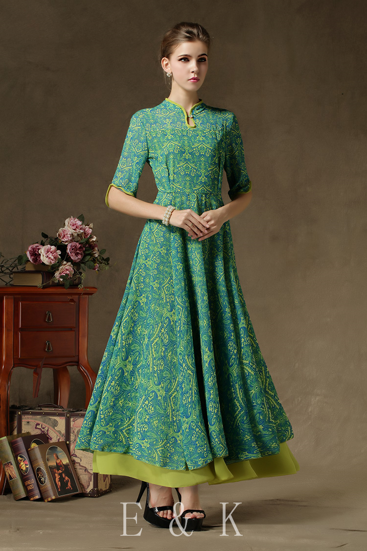womens summer dresses 2015 summer green chiffon long dress desigual vintage dress for women top quality