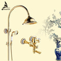Free shipping Wholesale And Retail Luxury Gold Brass Shower Faucet Set Single Ceramic Handle Tub Mixer