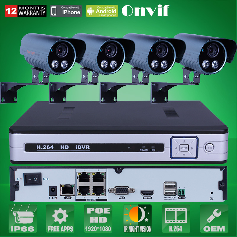 Onvif POE IP Camera 1080P IR Night Vison Home Security Surveillance Email Alarm 4CH POE NVR All-In-One CCTV System 2TB HDD