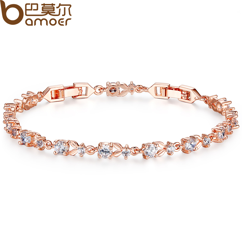 Image of BAMOER Luxury 18K Rose Gold Plated Chain Bracelet for Women Ladies Shining AAA Cubic Zircon Crystal Jewelry Wedding JIB013