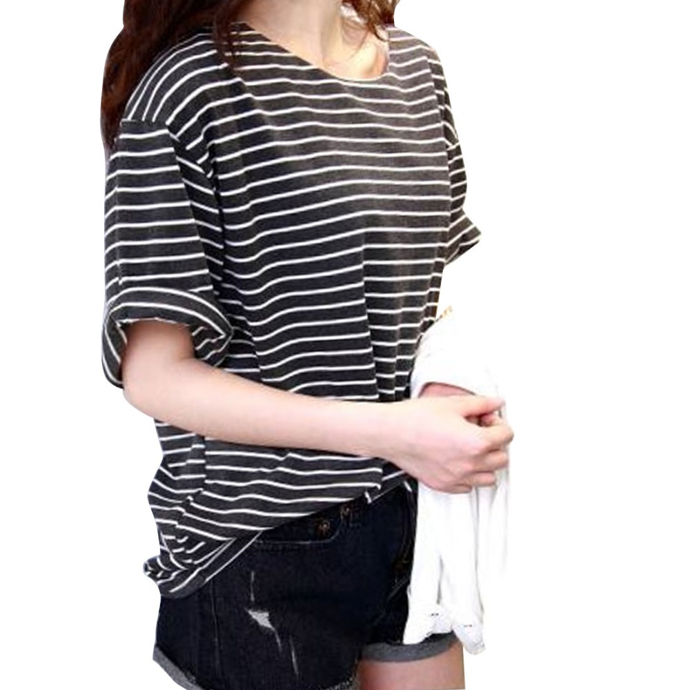 New 2016 summer mm all-match basic shirt female top young girl stripe loose half sleeve HARAJUKU t-s