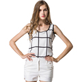 Women Chiffon Shirt Black and white Plaid Sleeveless Loose Bottoming Shirt for Women 2016 Hot Sale