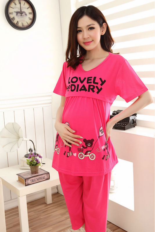 Cute bears Red Summer Pregnant woman pajamas nightwear clothing for pregnancy Puerpera breastfeeding clothes set maternal top 8