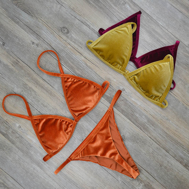 2017 Женщин Темно-Зеленый Orange Золото Бархат Thong Bikinis Устанавливает Купальники Купальник Бразильский одежда для Пляжа Купальный Костюм 2221