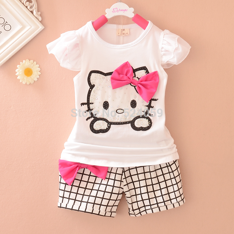 Children s Sets Cartoon hello kitty Girls Sets Short sleeve plaid shorts suit children suit children