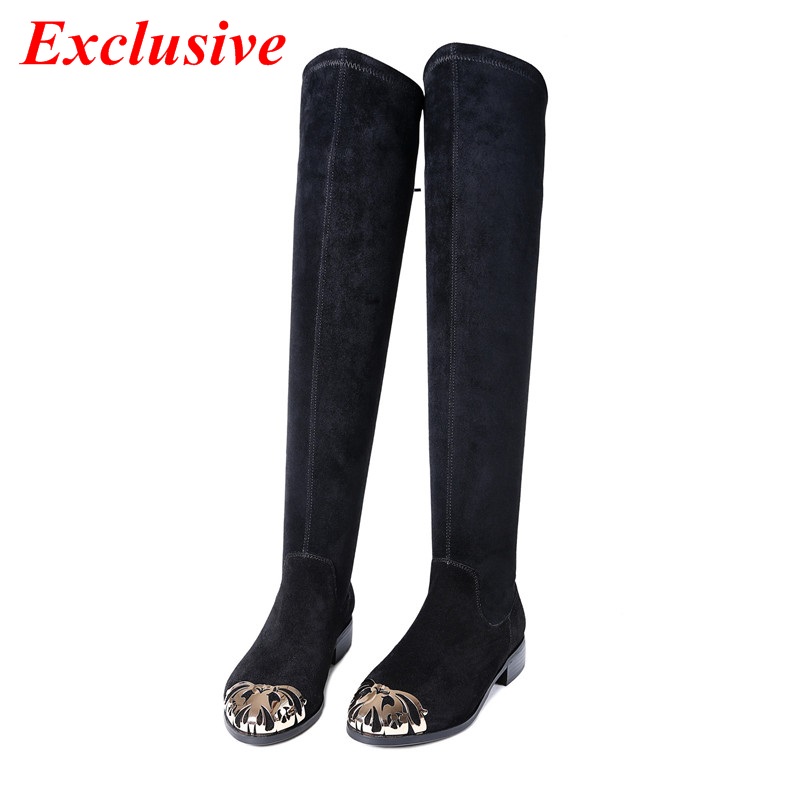 Woman Sequined Knee-high Boots Winter Short Plush Nubuck Leather Long Boots Genuine Leather Low-heeled Sequined Knee-high Boots