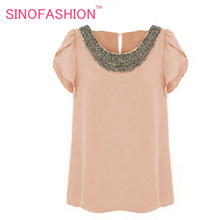 Plus Size 2XL Women Loose Chiffon Blouses 2015 Summer Hot Sale Fashion Vintage Blouses Beading O-neck Pullover Costume Shirts