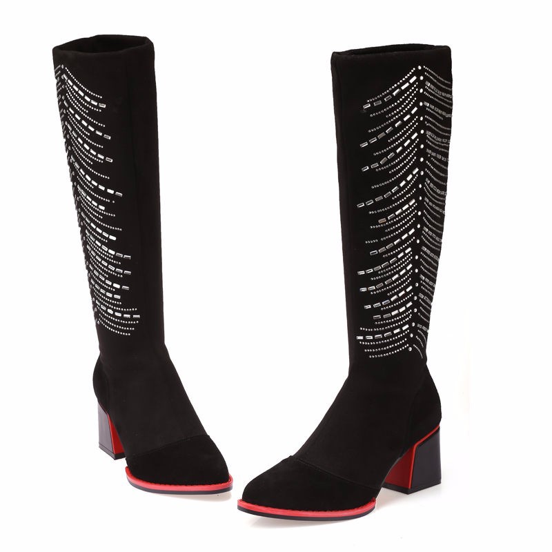 Winter Women Knee High Boots Sexy Ladies Genuine Leather Thick Heels