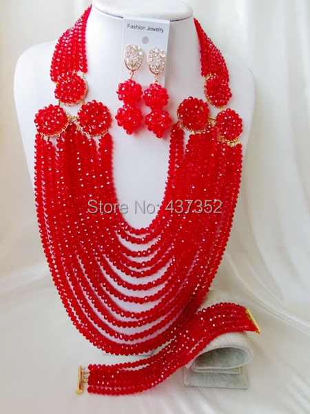 2015 New Fashion! Red crystal beads necklaces costume nigerian wedding african beads jewelry sets NC2219