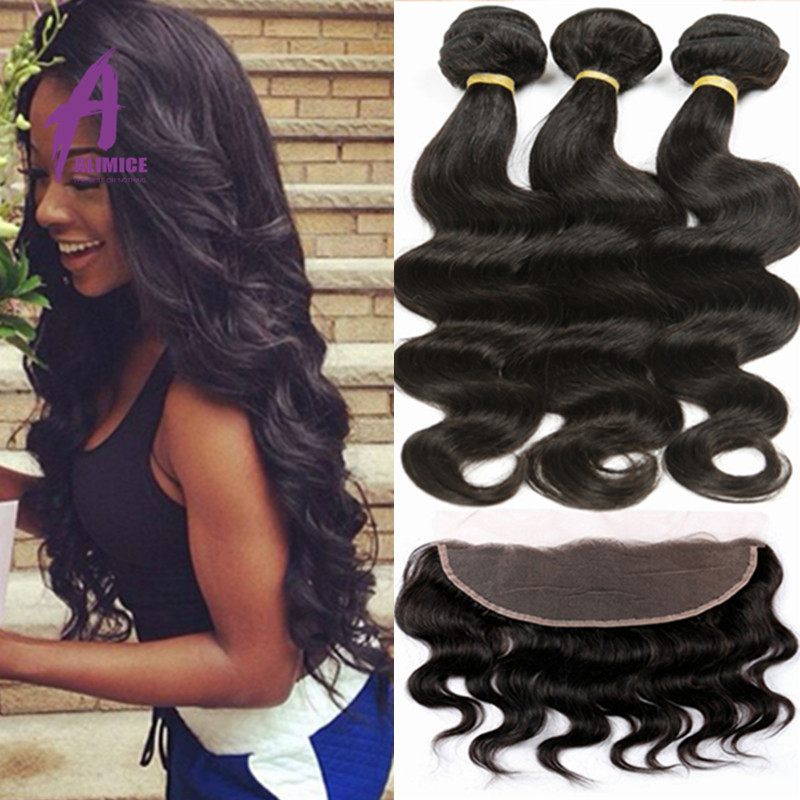 Image of 8A 13X4 Ear To Ear Lace Frontal Closure With Bundles Peruvian Body Wave Virgin Human Hair 3 Bundles With Lace Frontal Closure
