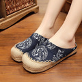 Original National Style Women Men Flax Slippers Dragon Totem Handmade Cotton Fiber Splicing Couples Slippers Spring