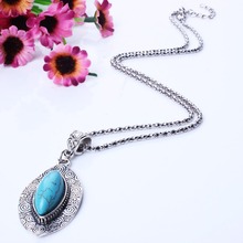 Fashion Antique Silver Necklace Ellipse Turquoise Pendants Necklace Vintage Jewlery For Women 2014 XL5628