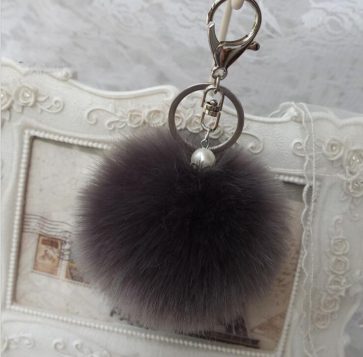 Image of Fashion 8cm Imitation Rabbit Fur Ball Key Chain With Pearls Silver Keyring Fur Ball Pom Pom Keychain For Women Bag Charm Pendent