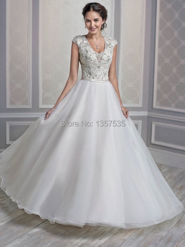 Modest Wedding Dresses Short Sleeve Ball Gown Bridal Gowns Beading ...