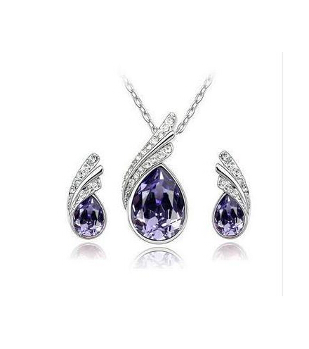 Image of Fashion Austria Crystal Water Drop Leaves Silver Plated Earrings Necklaces Bridal Jewelry Sets Wedding Dress Wedding Accessories