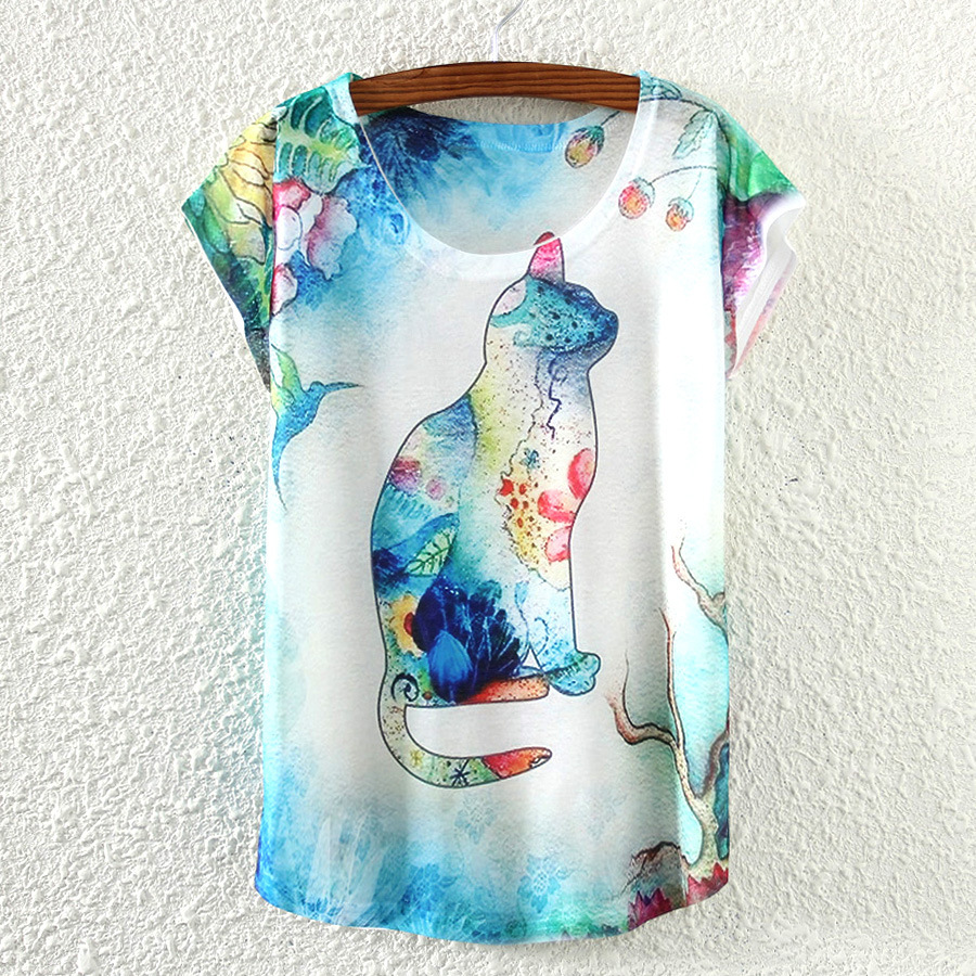 Women Tops Tees 2016 New Summer style Casual Fashion Short Sleeve T Shirt cat Printing Hot