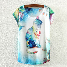 Women Tops Tees 2016 New Summer style Casual Fashion Short Sleeve T-Shirt cat Printing Hot Selling loose t shirt clothes