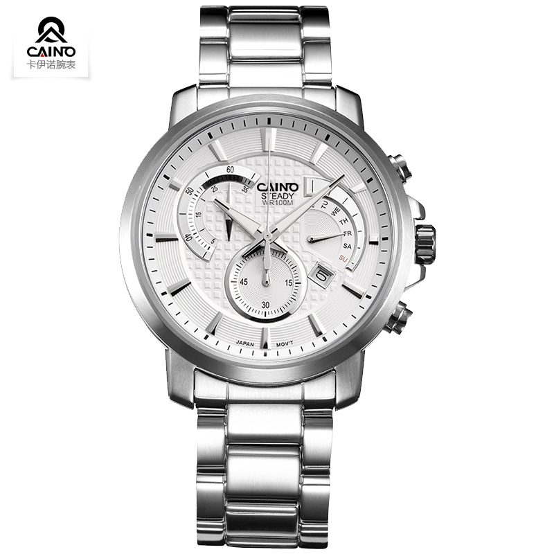 Фотография CAINO CAINUOS Men Quartz Watch Stainless Steel Flywheel Date Day Synthetic Sapphire Watch Mirror SP-109D