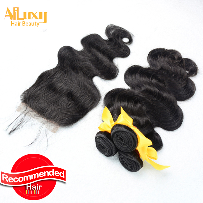 Image of Peruvian Virgin Hair weave With Closure, 1 Piece Lace Closure with 3Pcs Hair Bundle,4pcs/lot,Body Wave ,FAMOUSE BRAND LUXY