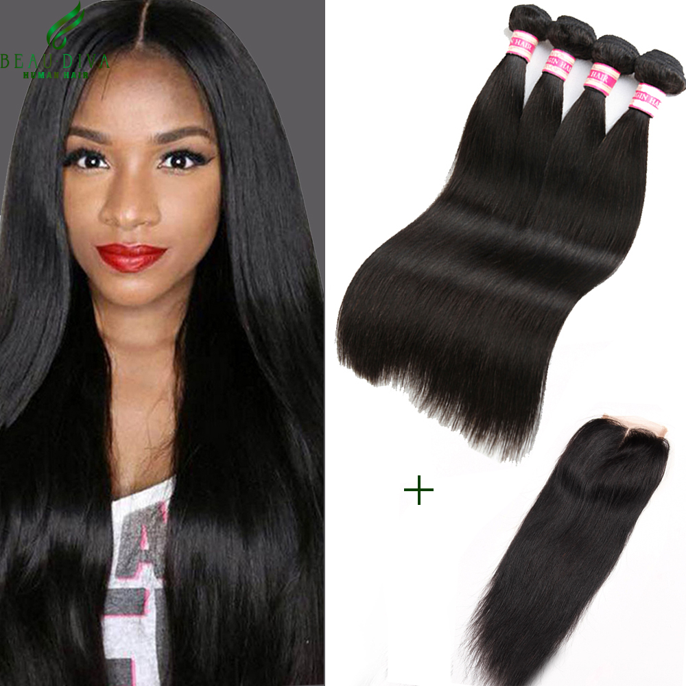 Image of Brazilian Virgin Hair With Closure 3/4 Bundles Unprocessed Brazilian Straight Hair With Closure 7A Remy Human Hair With Closure