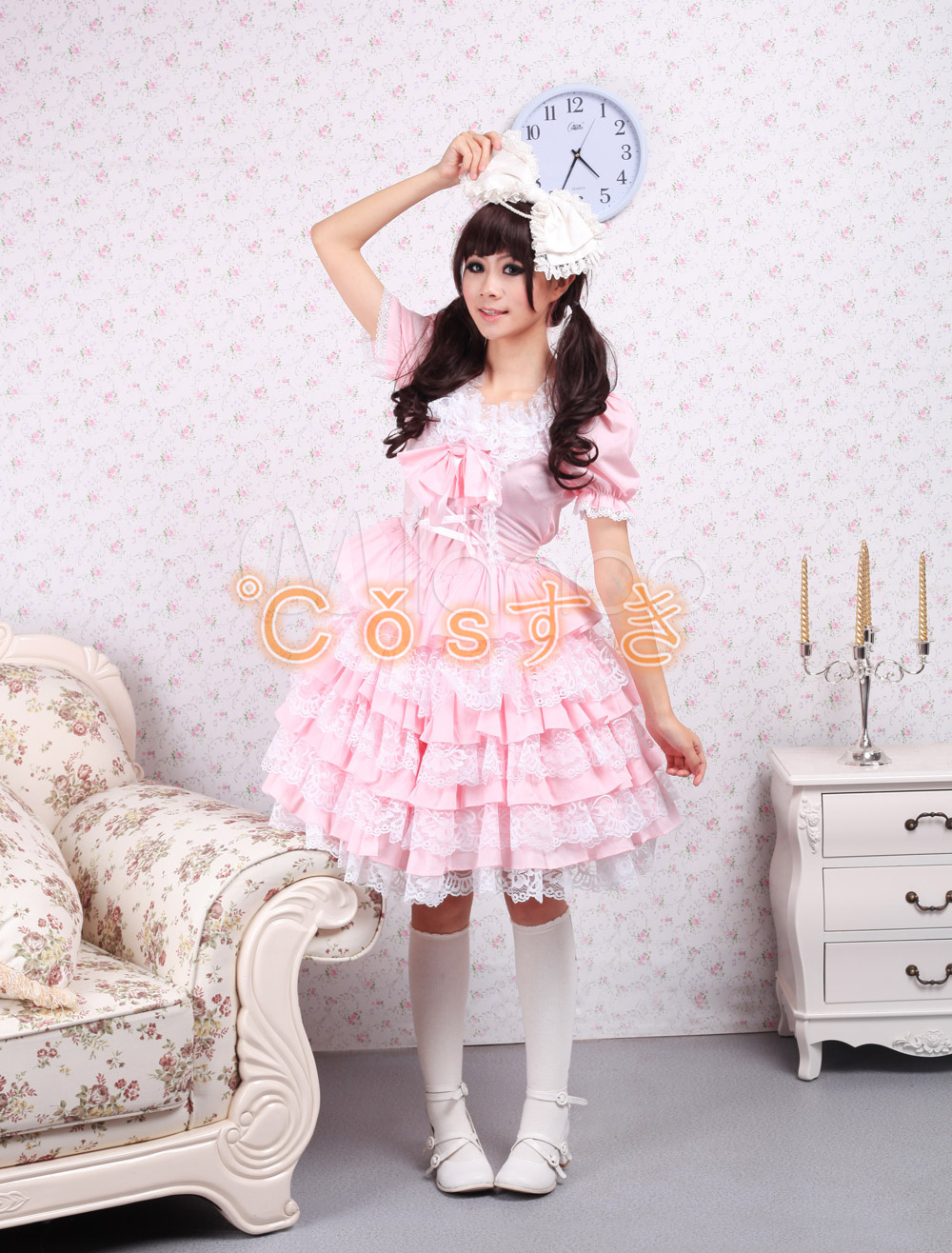 Free shipping! Newest! High - quality! Cotton Pink Lace Sweet Lolita Dress