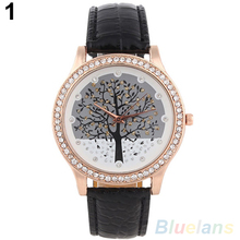 Women Tree Dial Rhinestone Inlaid Golden Tone Case Faux Leather Band Wrist Watch 4DCI