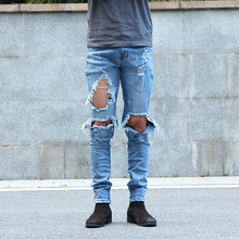 Urban Cool Mens Side Ankle Zipper Jeans Kanye West Skinny Destroyed Distressed Knee Ripped Jeans With Holes For Men