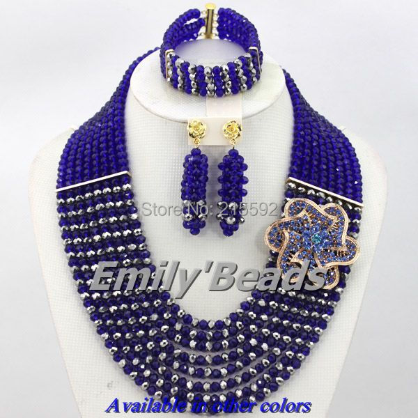 Royal Blue African Beads Jewelry Set Silver Crystal Beads Jewelry Set 8 Layers Nigerian Wedding Jewelry Set Free Shipping AJS808