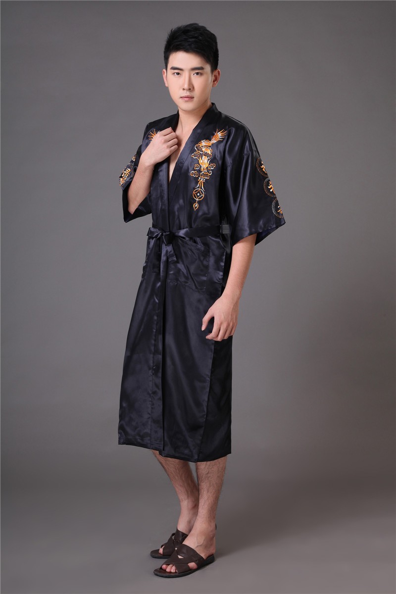 Dressing Night GOWN Kimono Japanese Embroidered Dragon Silk Satin Dark Blue