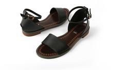 2016 summer flat heel women sandals female brief metal black silver all-match sandals leather plus size open toe female sandals