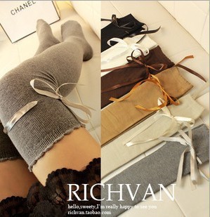 Women-Over-Knee-Long-Bowknot-Thigh-High-Plain-Ribbon-Overknee-Boot-Cover-Socks-240511-