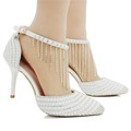 Tassel single shoes women pumps white Pearl diamond flower non slip high heeled shoes platform wedding