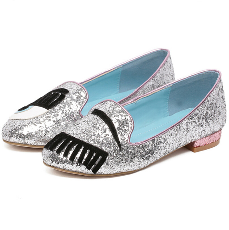 women fashion big eye eyelash flat shoes lady brightly glitter loafer
