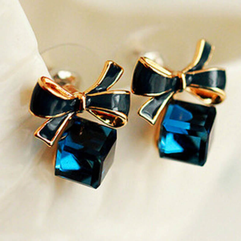 Image of New 1 Pair New Women Bowknot Dangle Shiny Cube Ear Studs Piercing Jewelry For Women Earring Free Shipping