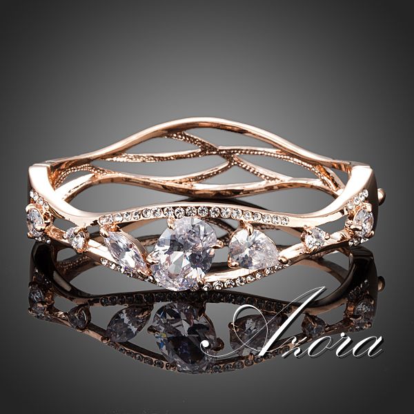 AZORA Brand Design Unique 18K Rose Gold Plated Clear Swiss Cubic Zirconia Bangle Bracelet TB0047
