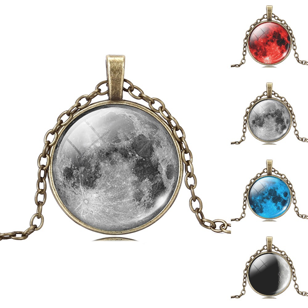 Vintage Glass Galaxy Cabochon Full Moon Necklace Antique Bronze Pendant Chain Necklace Jewelry For Fashion Women