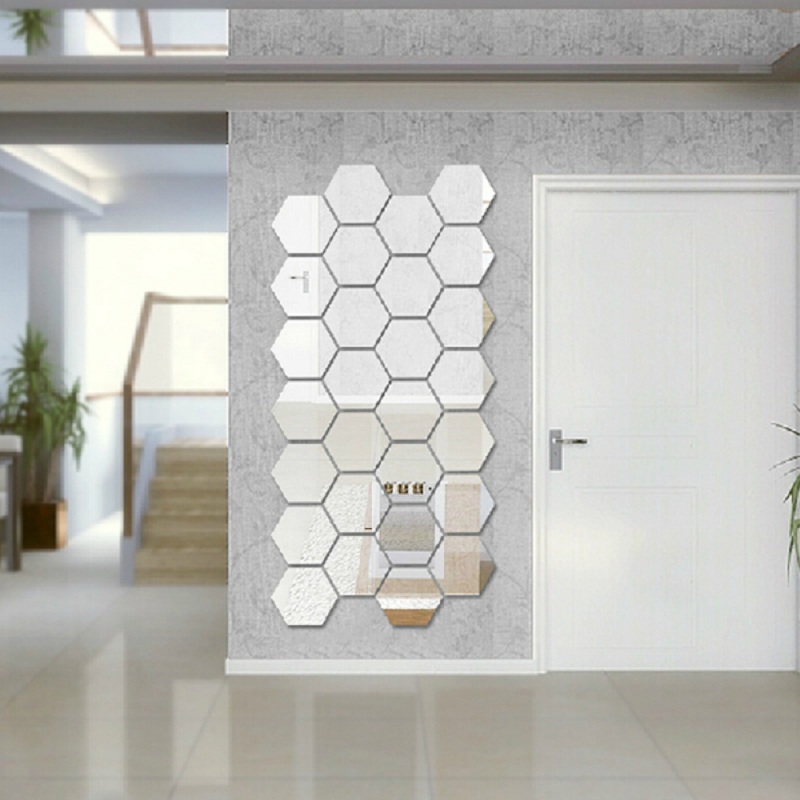 Image of Modern Creative 3D Silver Mirror Geometric Hexagon Acrylic Wall Bedroom Living Room Stickers Decor DIY Gift