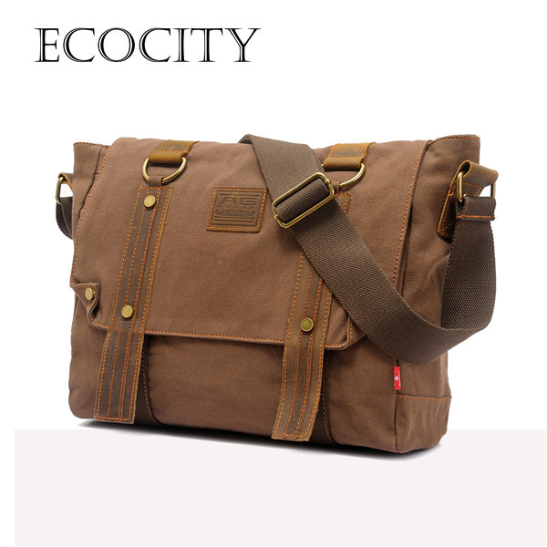 EcoCity Men s Vintage Canvas Leather School Military Shoulder Bag fashion leisure messenger bag men Men