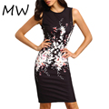 2016 Summer Women s Elegant Dress Floral Print Knee Length Pencil Dress Sleeveless Black Dress Work