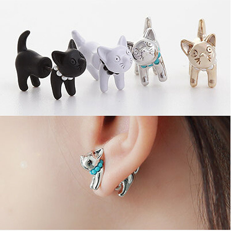 Image of Drop Shipping 2015 New Arrival 3D Pearl Kitty Cat Cute Stud Earrings set for Women Girl White Black Gold Silver 4 Colors