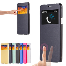 Window View Flip Wallet PU Leather Phone Case For Samsung Galaxy Note 4 IV Smart Answering
