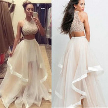 Two Piece Prom Dresses vestidos de festa With Crystal Beads Glitz Ruffles Tiered Party Dress Tulle Cheap Evening Gowns