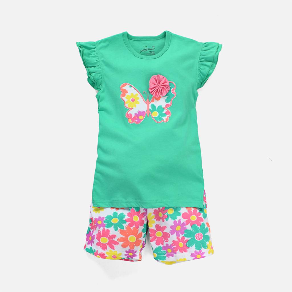18m-6y Baby Girls Clothing Set Girls Kids Suit Summer Green Girl's T shirt + Flower Short Pants Knitting Shorts Children Set