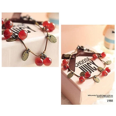 Image of Fashion Sweet Girls Women Lady Chain Bracelet With Ruby Cherries Charm Pendant
