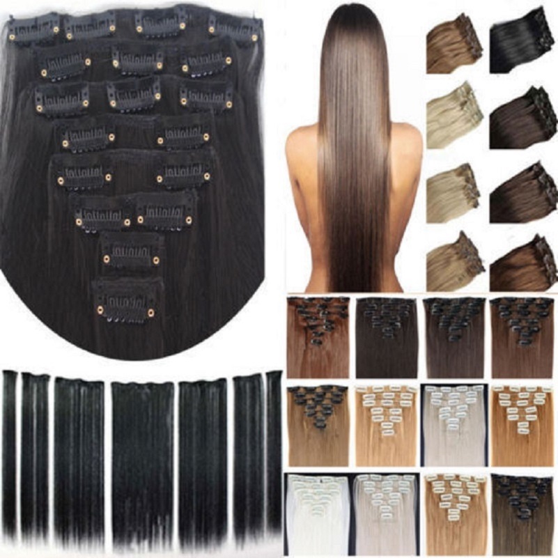Image of free shipping 24"(60cm)7pcs set 115g-125g 17 colors Long Straight Synthetic Hair Clip in on hair extensions